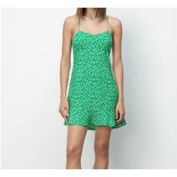 Zara Size Medium Green Ditzy Floral Print Short Mini Dress - Picture 1 of 10